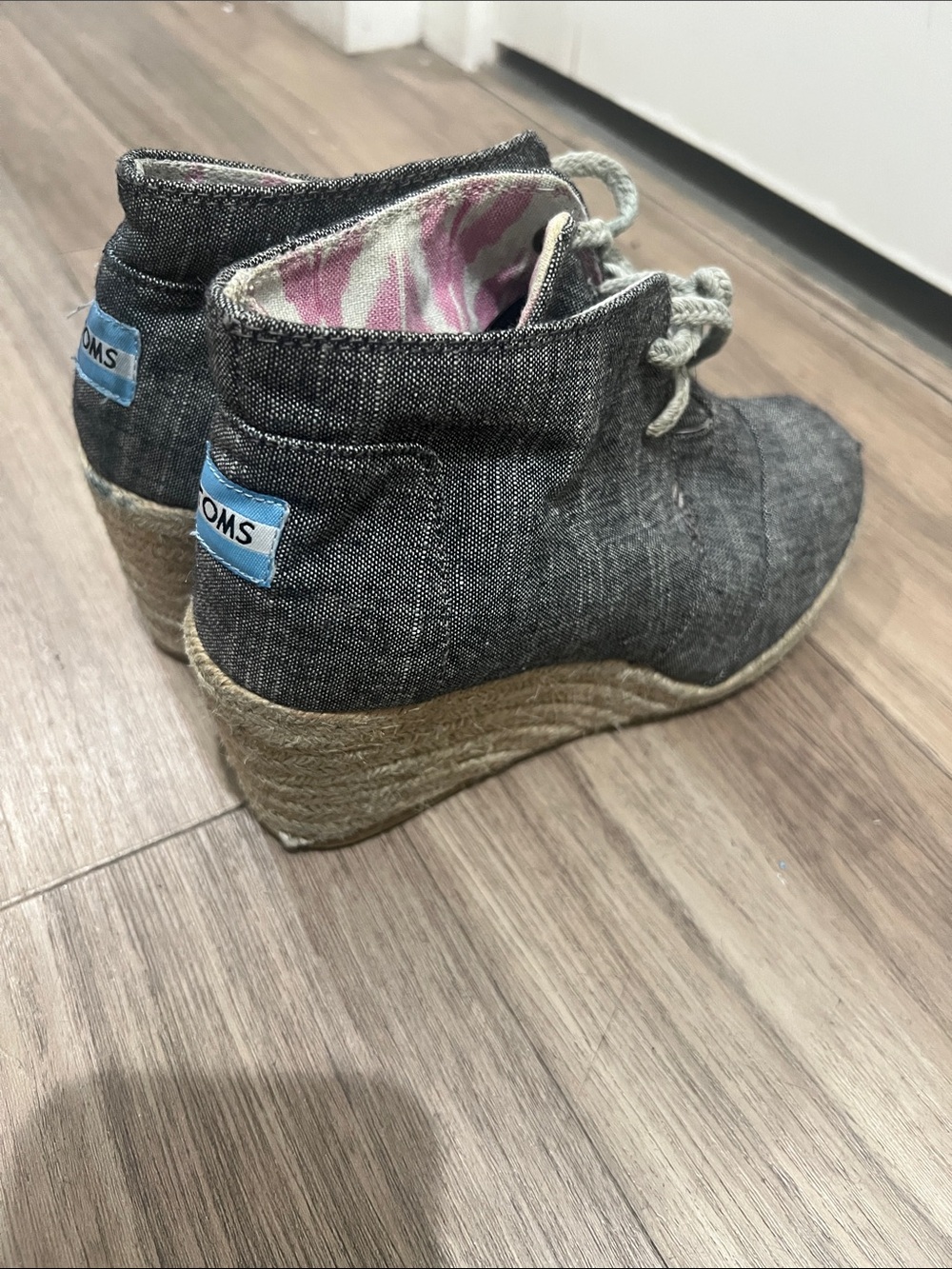 Toms Gray Denim Wedge Lace-Up Ankle Espadrilles with Blue Logo Tab